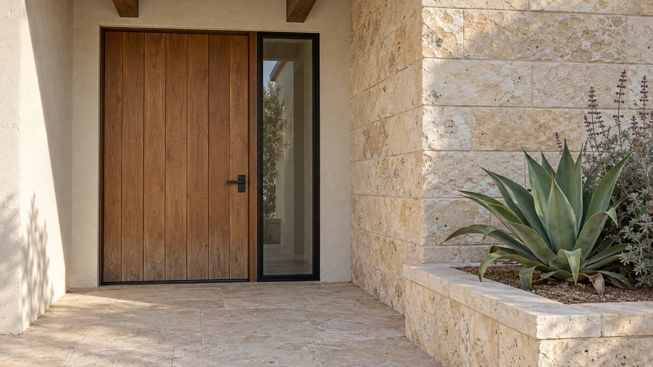 Sunlight grazes a limestone and pale stucco entry with a warm wood door, narrow glazed sidelight and raised planting pocket.
