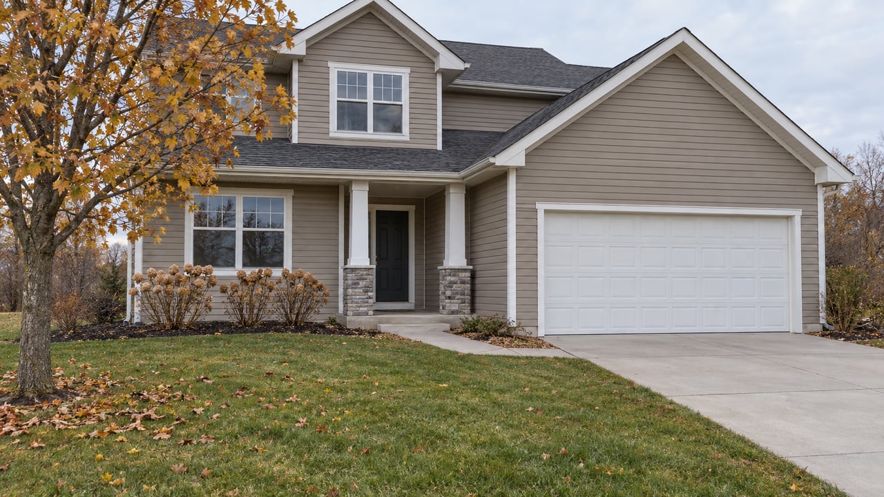 Taupe two-story home with white trim, a stone-column porch, attached garage and deep autumn lawn beneath a maple tree.