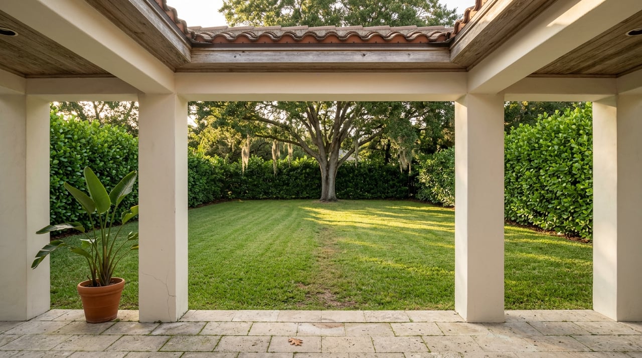 Stucco loggia opening onto a lawn, with coquina pavers, a mature live oak, and clipped hedges.