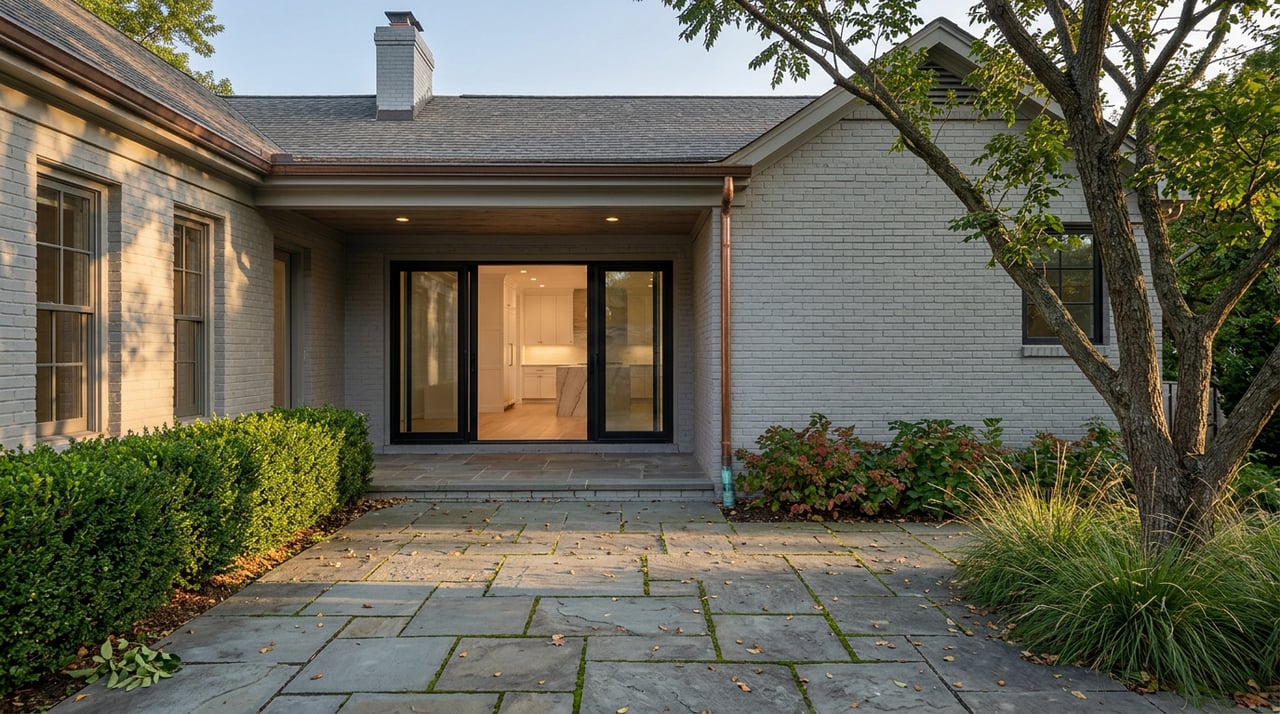 Rear patio of a gray-brick home, with open glass doors, a bluestone terrace, and a mature tree.