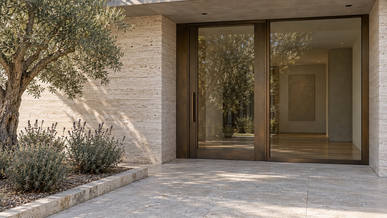 Contemporary home entrance with pale travertine, bronze-framed glass, limestone paving and a sculptural olive tree.