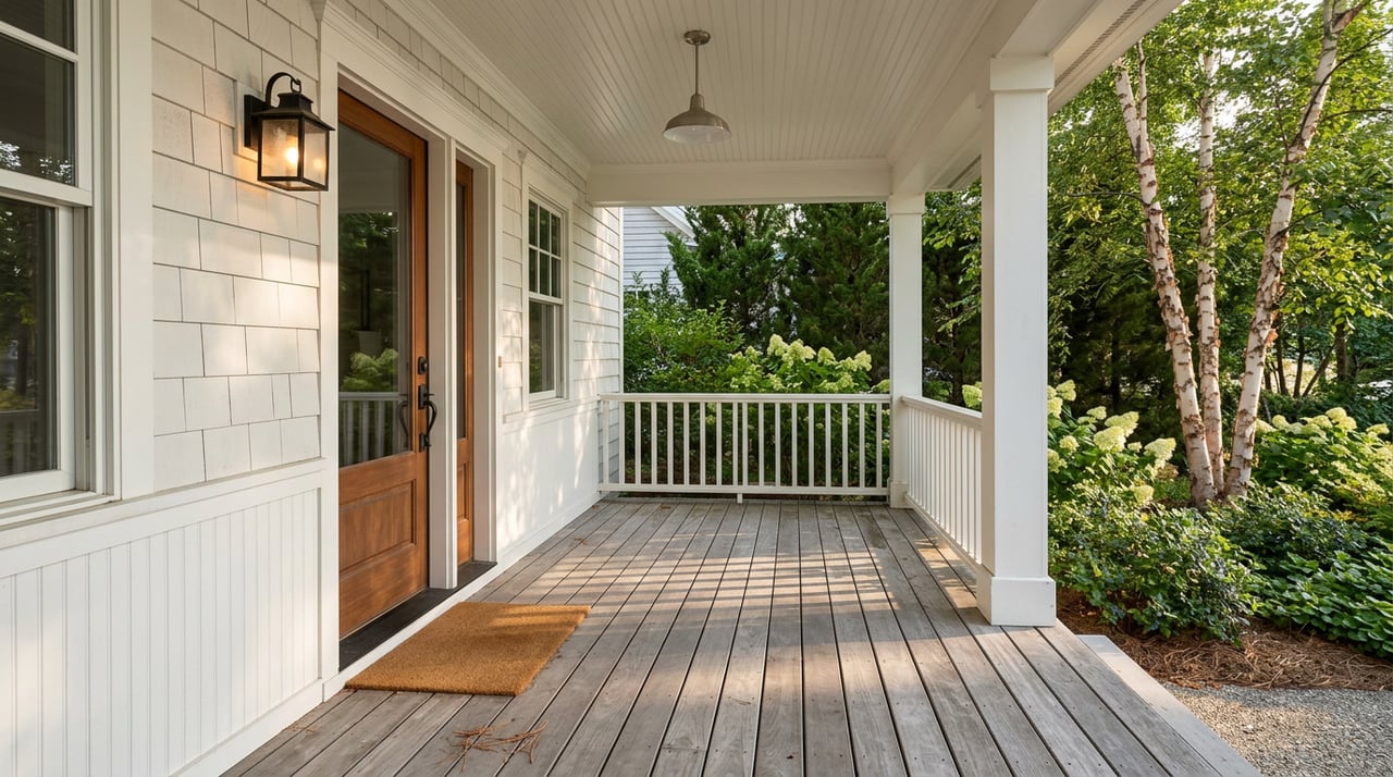 Cottage porch entry with cedar door, white posts, weathered decking, and birch and hydrangea planting.