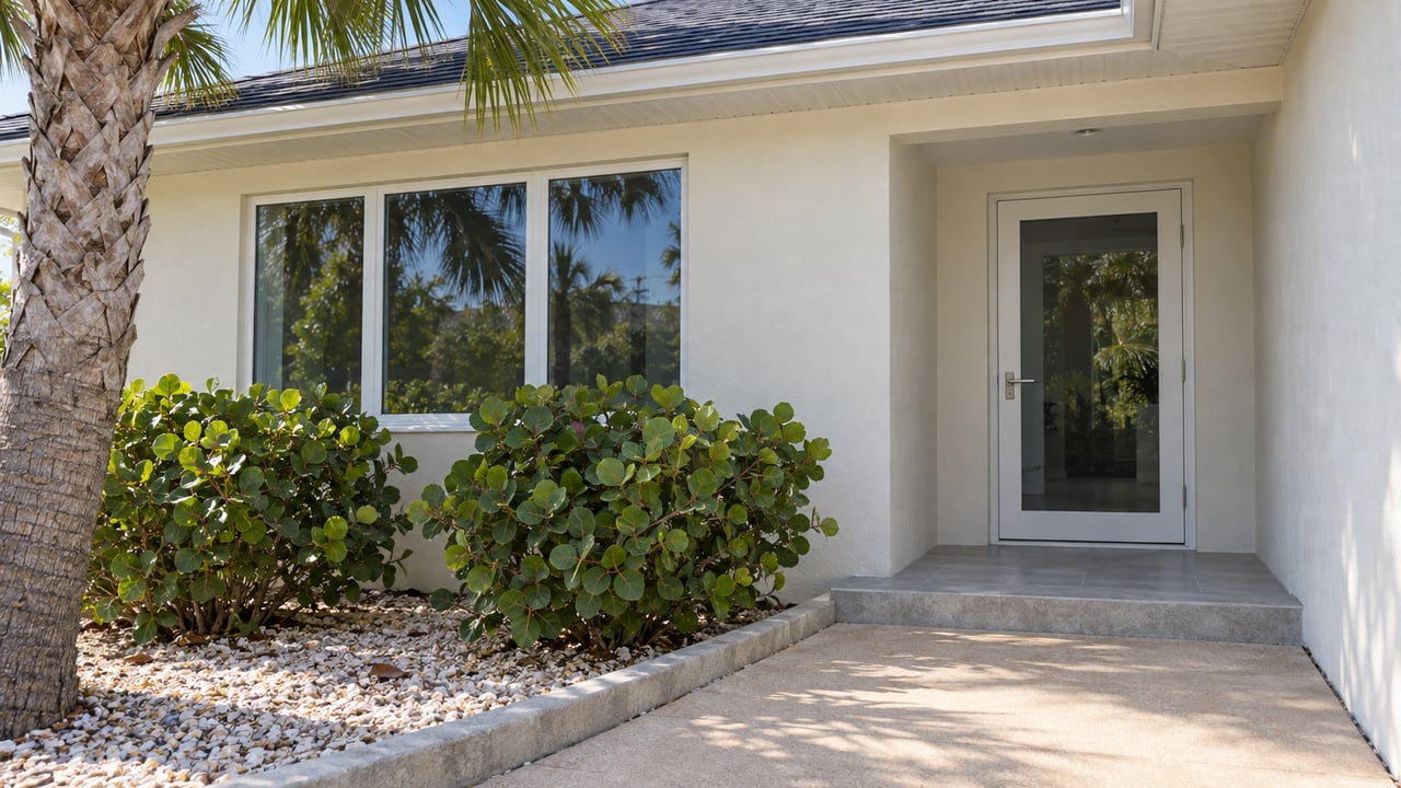 Cream stucco home with a shaded glazed entrance, broad front window, charcoal roof and carefully placed palm and sea-grape planting.