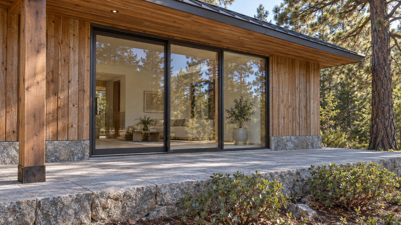 Cedar-clad mountain home with floor-to-ceiling glass doors, raised granite terrace, and pine trees.