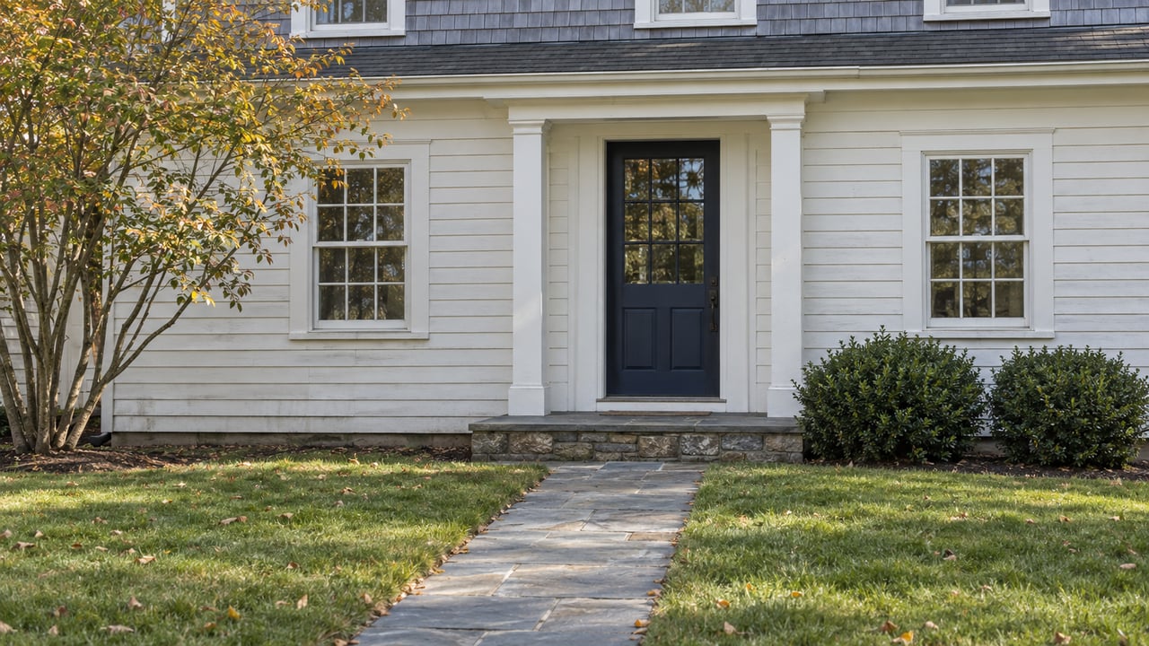 Off-white colonial house with a navy door, blue-gray shingles, and a bluestone path through the lawn.