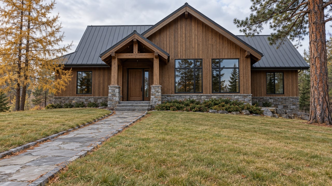 Timber-and-stone home beyond a deep autumn lawn, with a quartzite walk, golden larch, and mature pine.