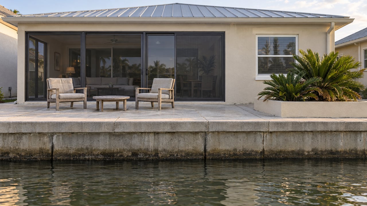 A modest pale-stucco home with an enclosed glass lanai, teak patio chairs and coontie plants above a weathered concrete canal seawall.