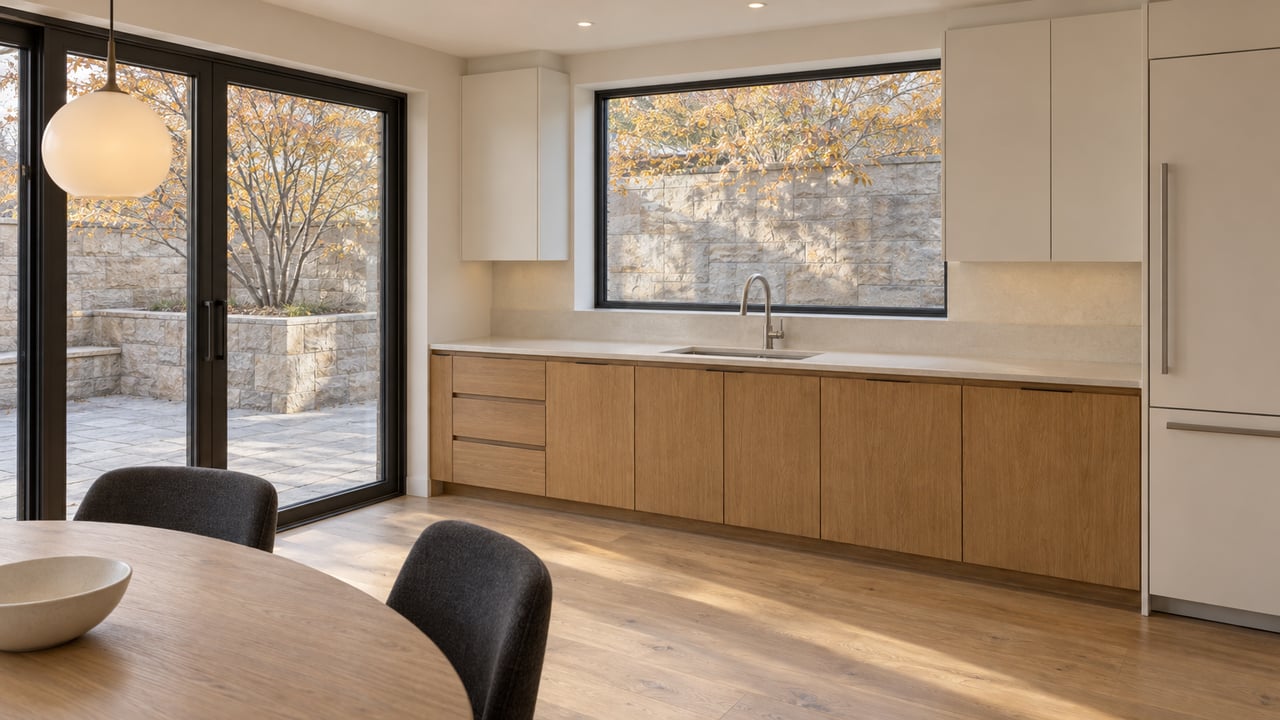Light oak kitchen and dining area with black-framed glazing opening visually onto a sandstone terrace and autumn serviceberry.