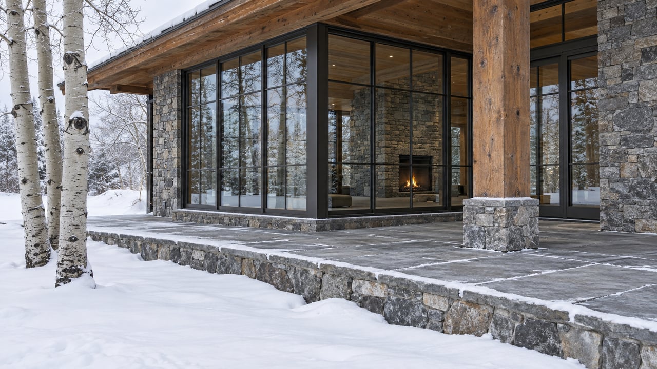 Snow surrounds a raised stone terrace beside a timber-and-stone home with tall gridded windows and three bare aspen trunks.