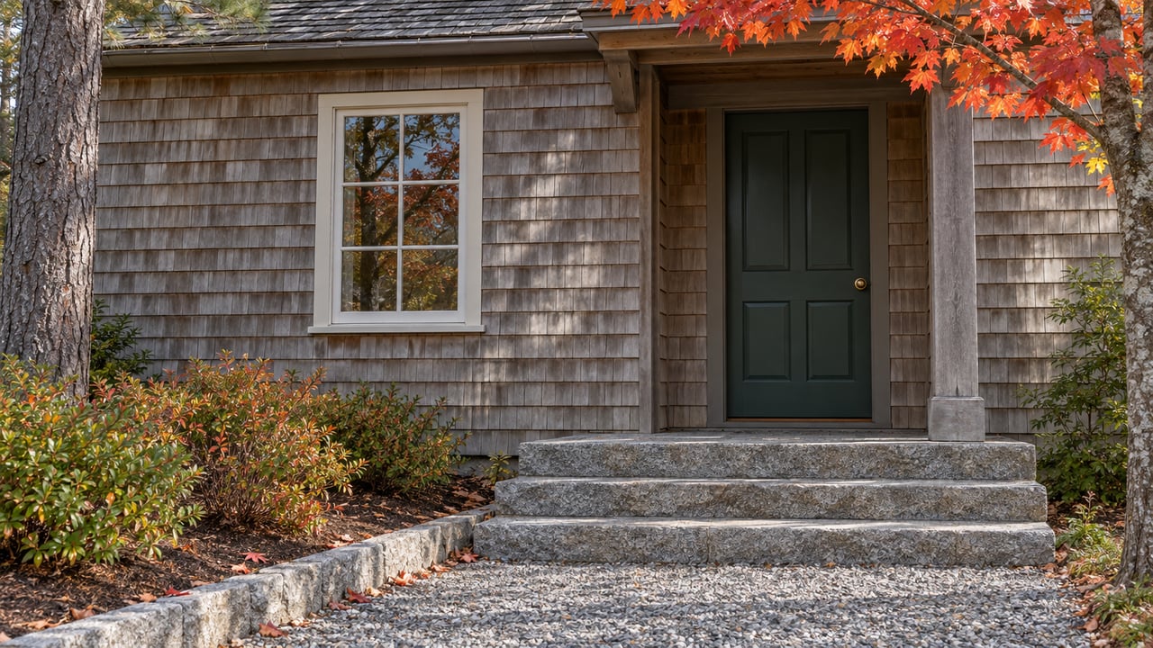Cedar-shingled home entrance with a deep-green door, granite steps, and autumn maple leaves.