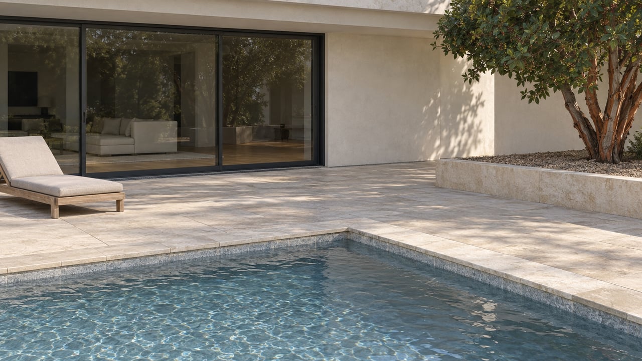 Limestone pool coping and a broad terrace beside a light-stucco home with closed charcoal-framed glass doors and a sculptural strawberry tree.
