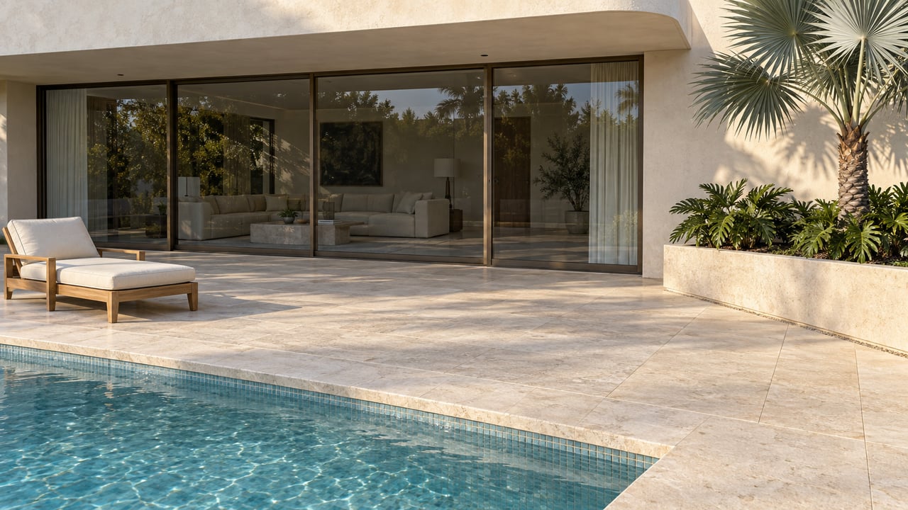 Cream stucco home with closed glass doors, a limestone pool terrace, one teak lounge chair and a silver fan palm in a raised planter.