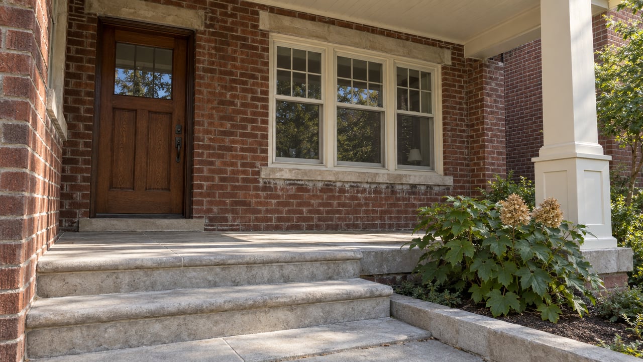 Brick home entrance with a dark wood door, broad stone steps, and shrubs beside the porch.