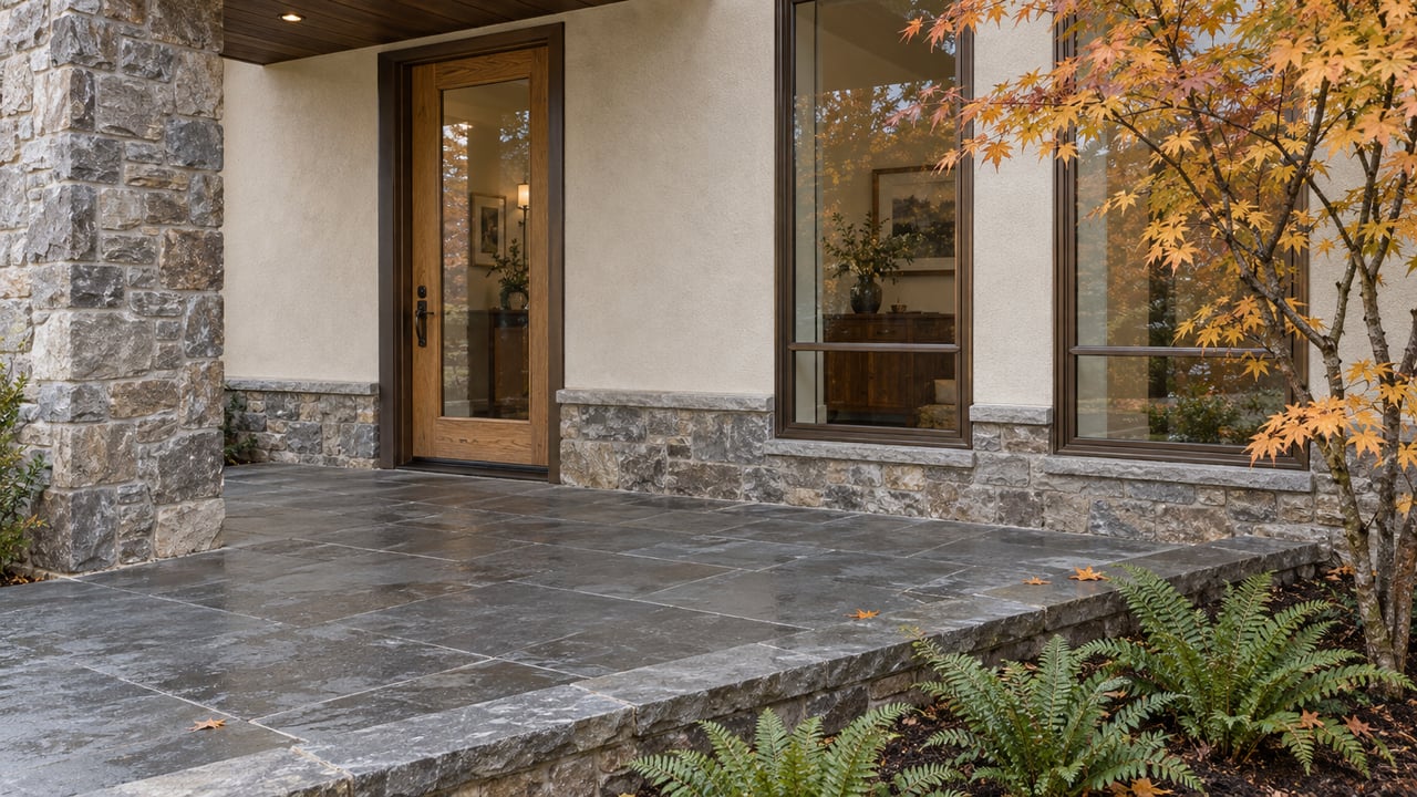 Rain-darkened slate terrace beside a stone and stucco home, with an oak entry door, bronze-framed windows, a vine maple and sword ferns.