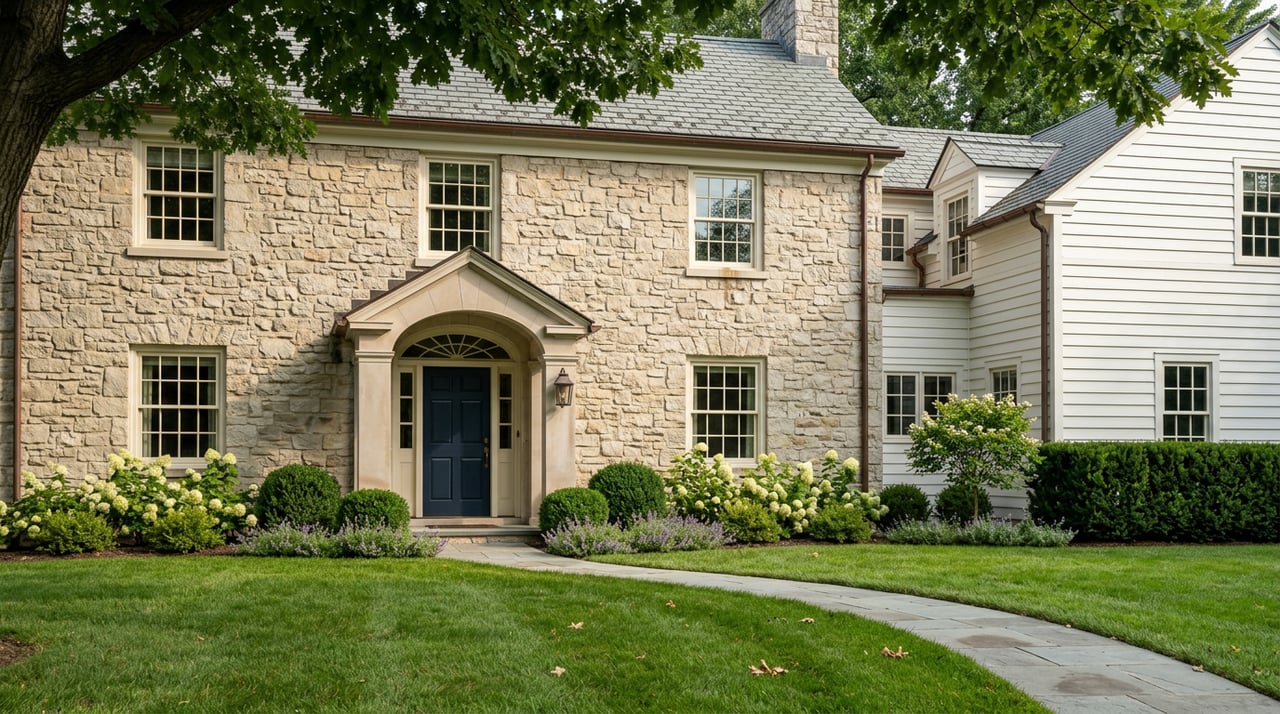 Stone Colonial with a white clapboard wing, navy door, arched entry, and curved bluestone walk across a broad lawn.
