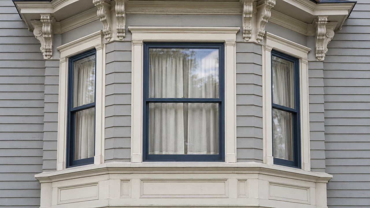 Pale painted timber facade with a three-sided bay, dark blue sash windows and carved ivory cornice brackets in soft daylight.
