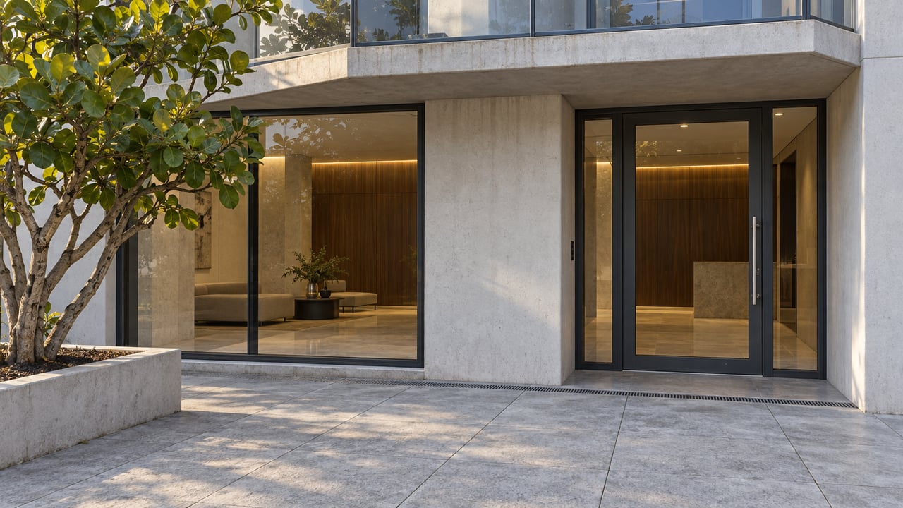 Sunlit concrete condominium entrance with blue-gray glass, an angled balcony, and a sea grape tree in a raised planter.