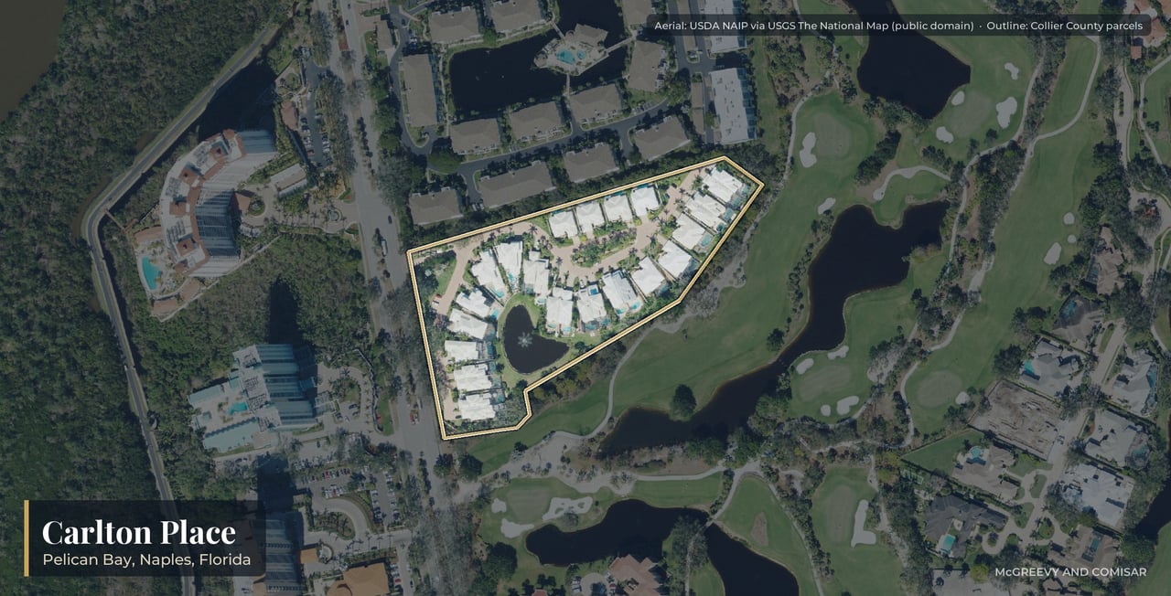 Aerial view of Carlton Place at Pelican Bay, Naples, Florida, with its parcels outlined