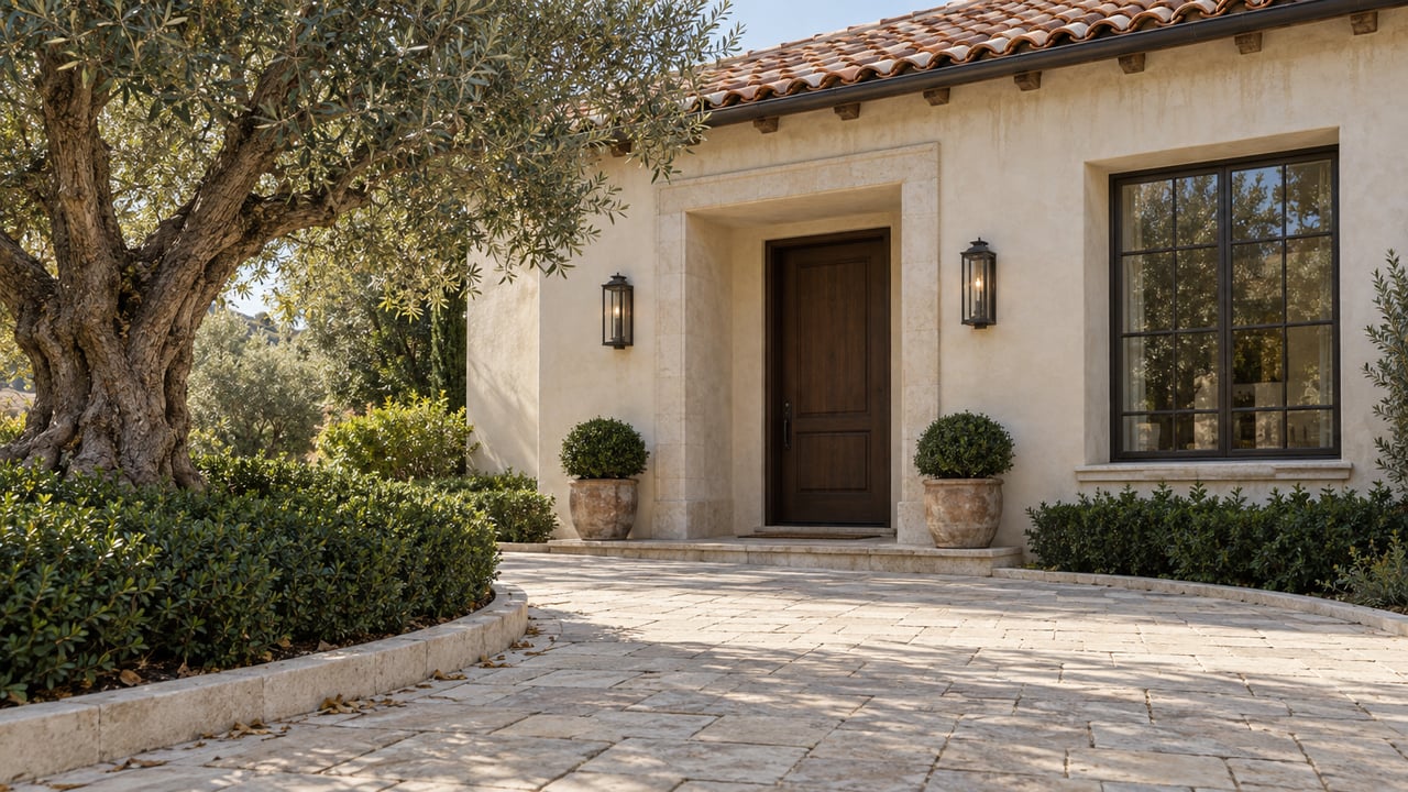 Villa entry with a recessed dark-oak door, gridded window, curving limestone approach, and olive tree.