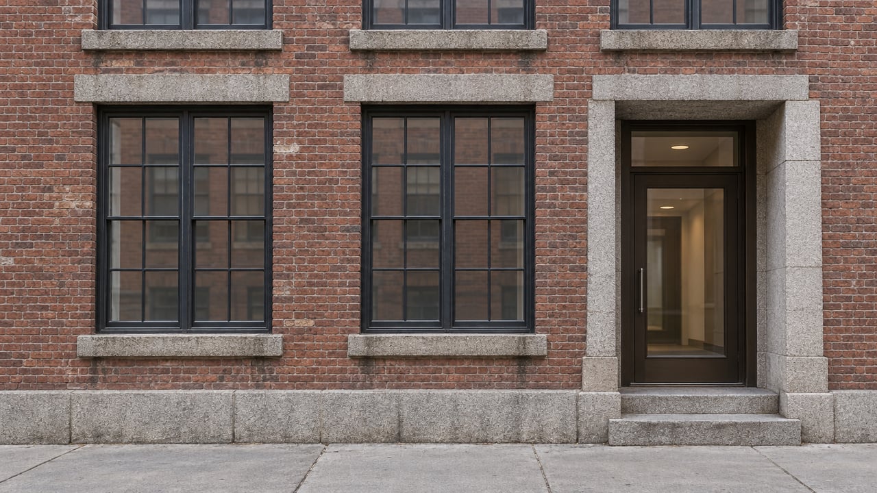 Weathered russet brick residential facade with tall steel-framed windows, granite details and a recessed glazed entrance.