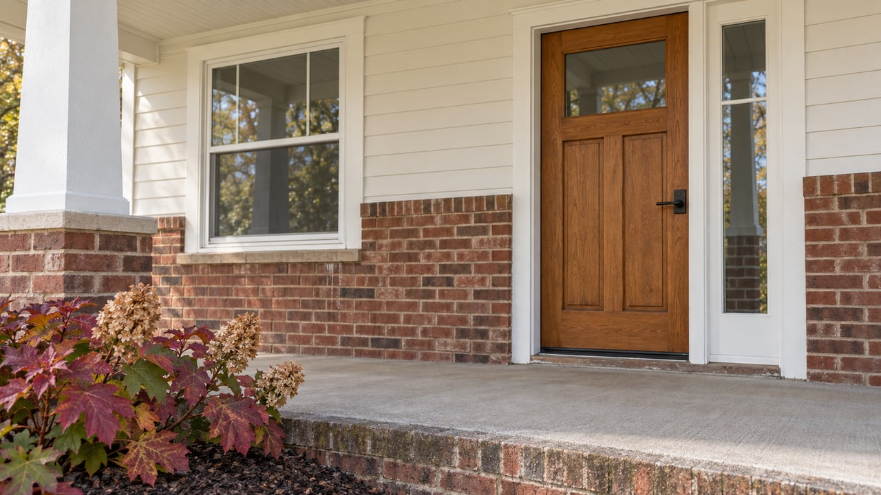 Autumn light across a brick and white-sided home's covered porch, wood front door, and oakleaf hydrangea.