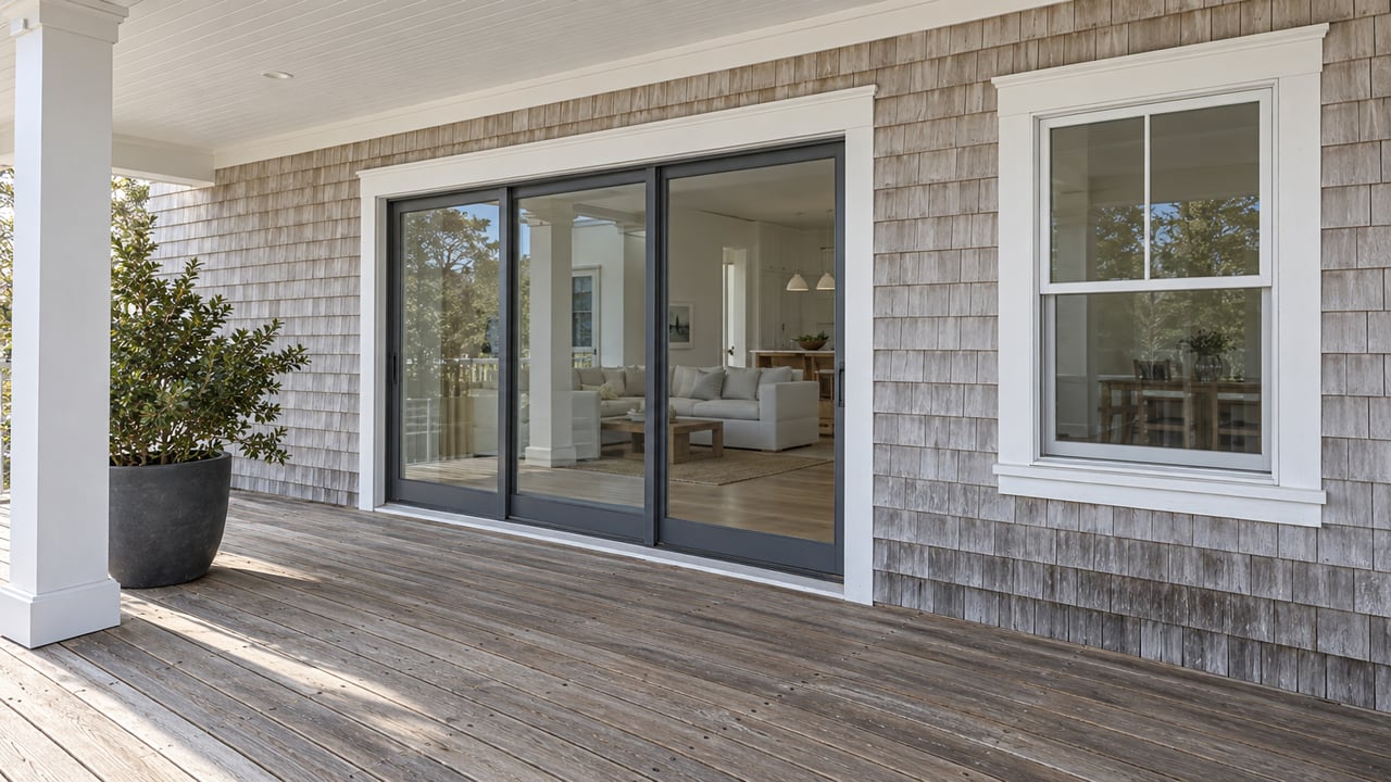 Silvered cedar beach-house facade with closed glass doors opening onto a weathered covered timber porch and one potted yaupon holly.