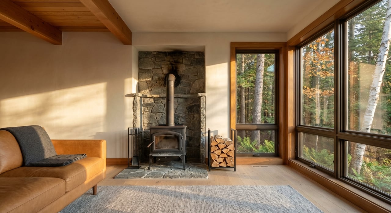 Refined lodge living room with a hearth beside a window wall overlooking a forest.