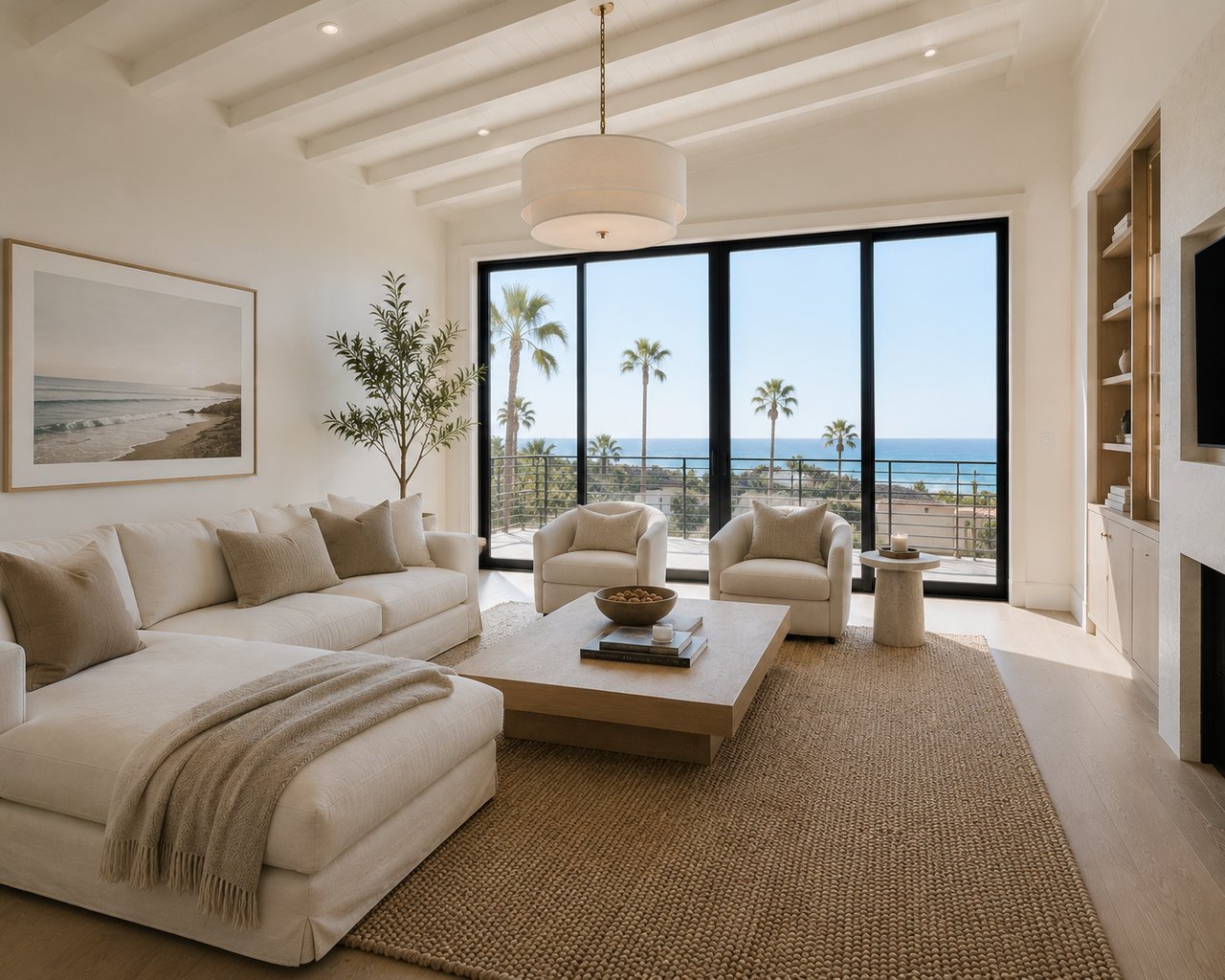 luxury cloud couch with jute rug and coastal decor