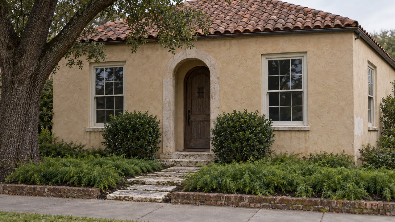 1920s stucco house with a clay-tile roof, arched timber door, stepping-stone path, and garden oak