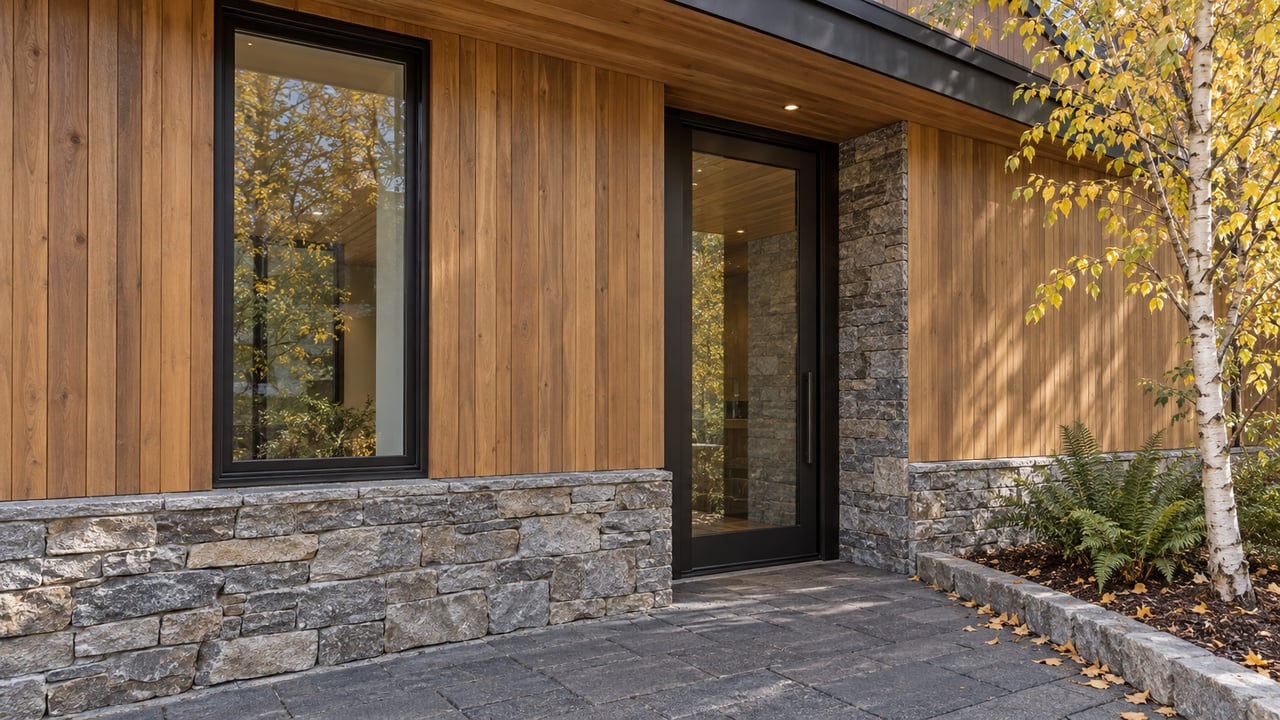 Mountain-modern home entry with cedar siding, a recessed glass door, stacked-stone base, and yellow birch.