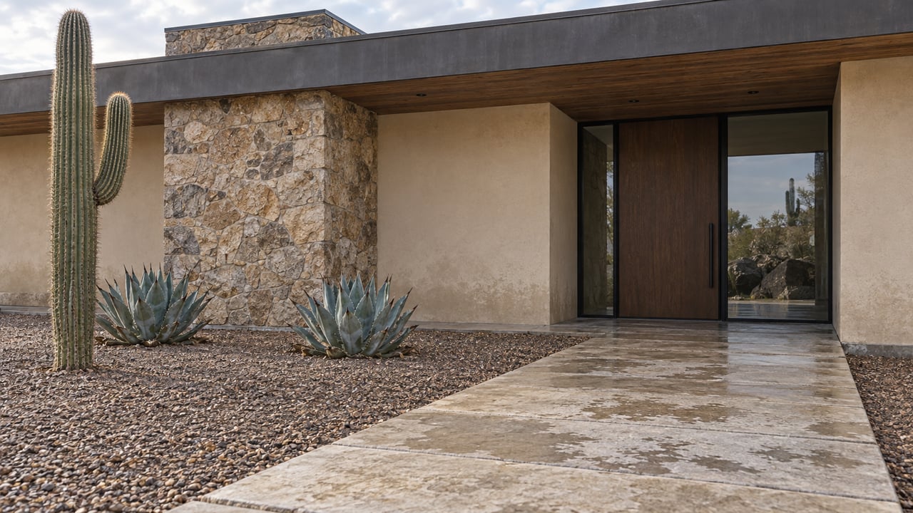 Low desert-modern home with beige plaster, rough stone, a shaded timber entry, damp limestone paving, one saguaro and two agaves.