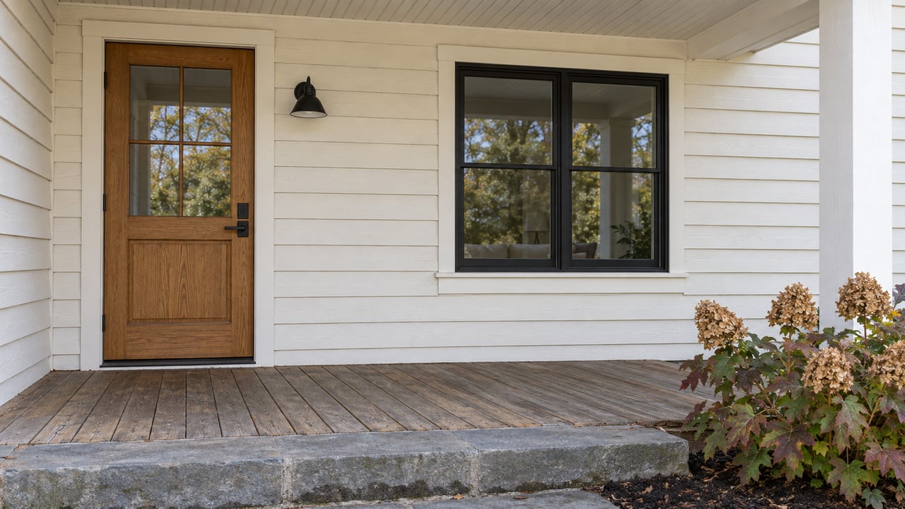 A sheltered front porch with warm-white clapboard, an oak entry door, a black-framed window and weathered wood decking beside an autumn oakleaf hydrangea.