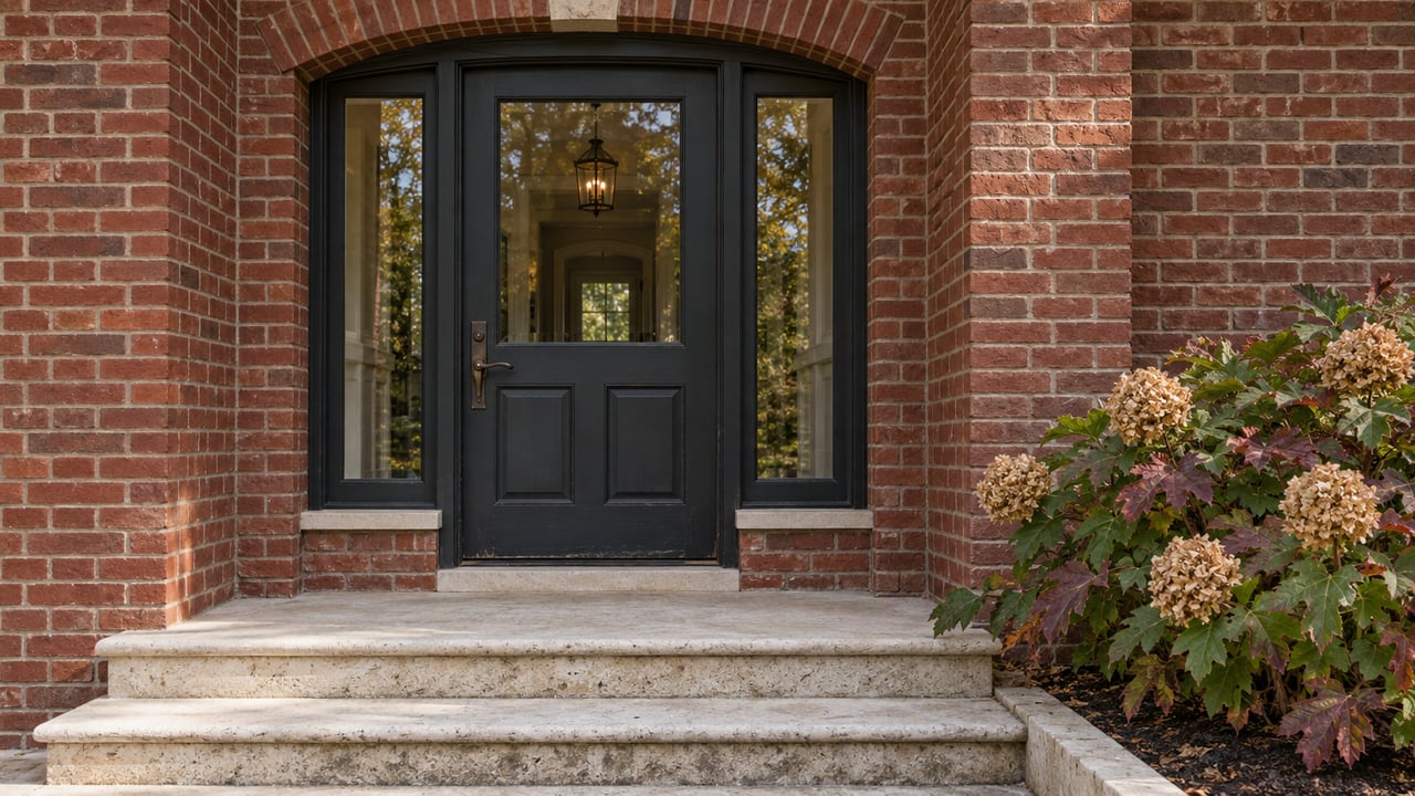 Close view of a brick home's arched entry, dark wood door with paired sidelights, worn limestone steps and an oakleaf hydrangea.