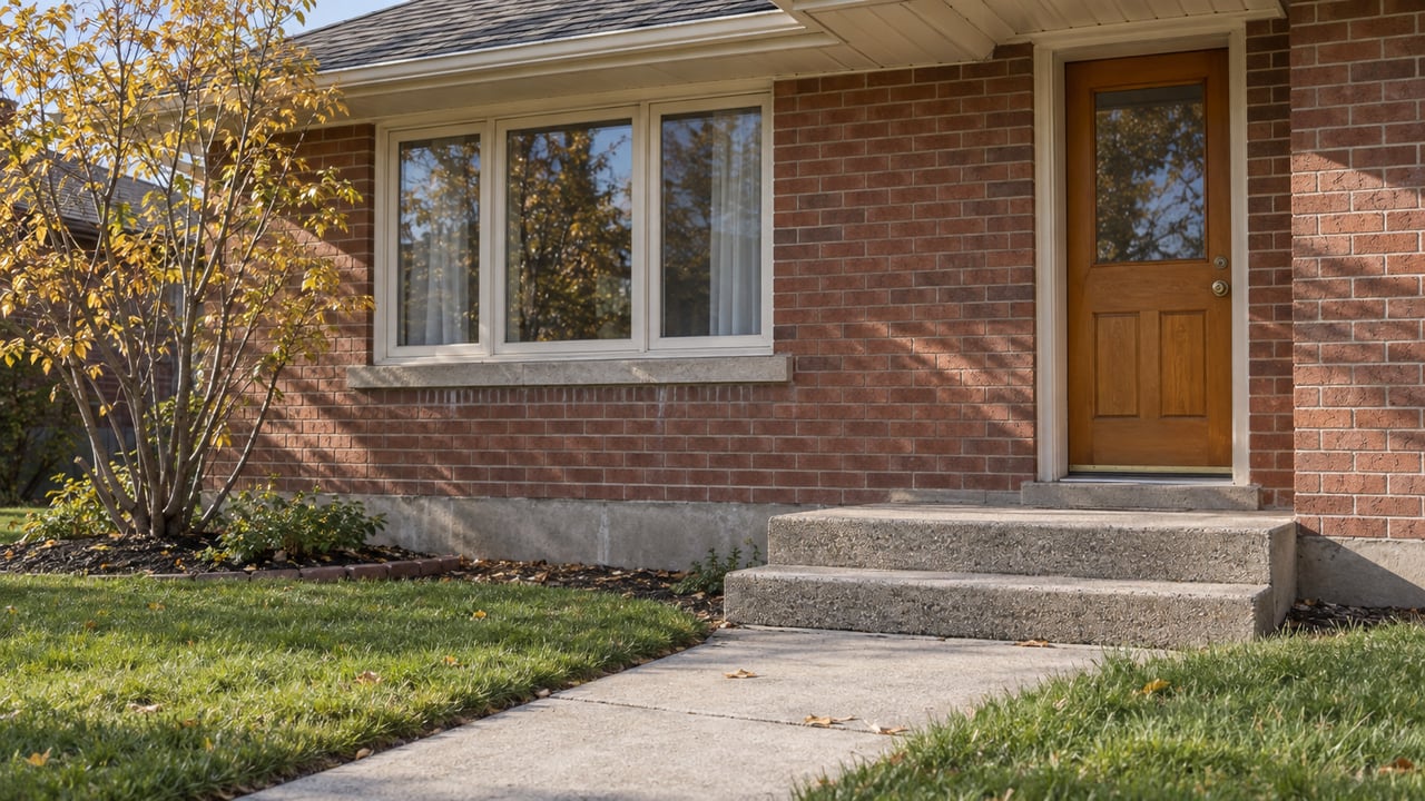 Brick bungalow entry with a wood door, ivory window trim, worn concrete steps and yellow autumn leaves.