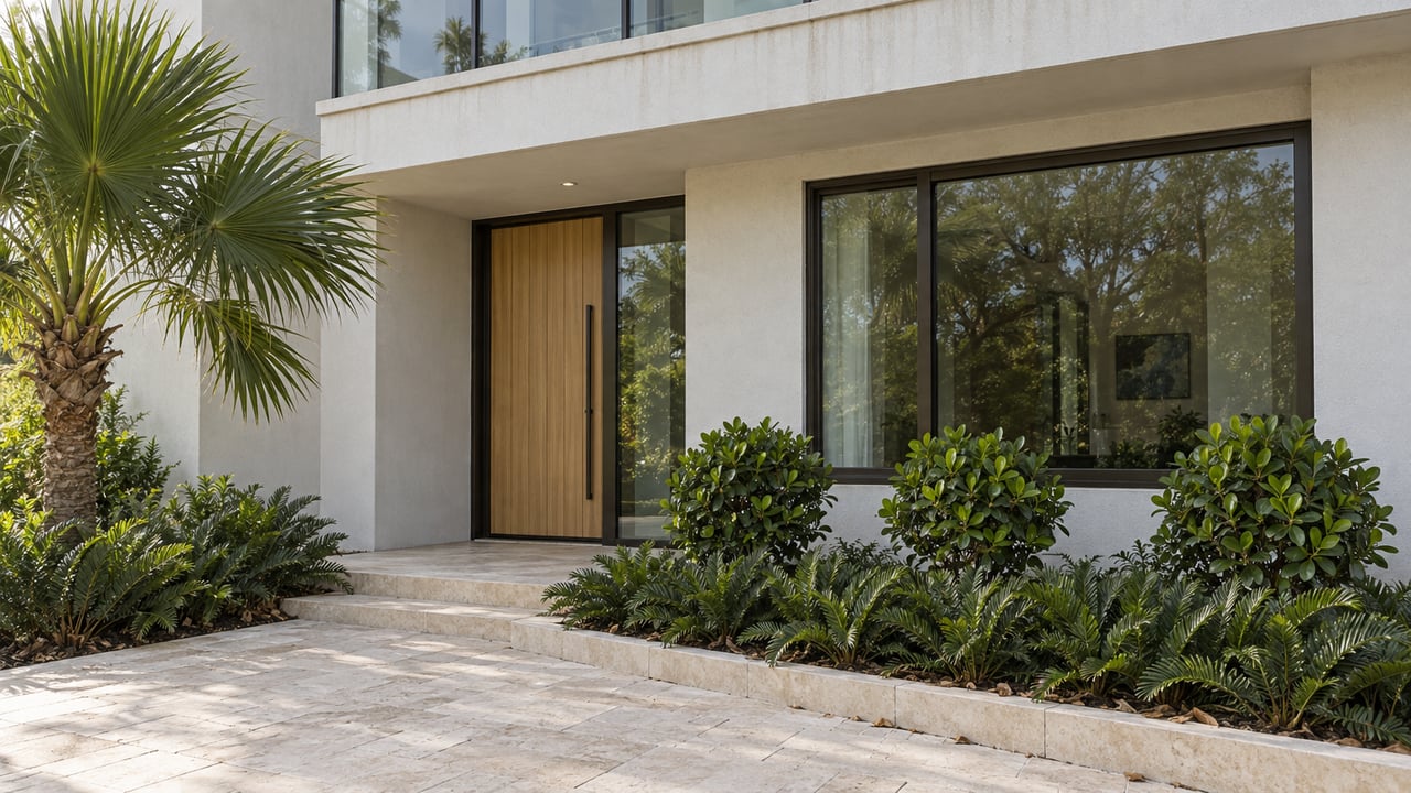 Modern white-stucco home with a glazed oak entry, limestone approach, and neatly trimmed tropical planting.