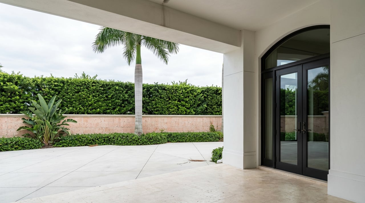 Estate entry loggia overlooking a paved motor court, low stone wall, clipped hedge, and palm.