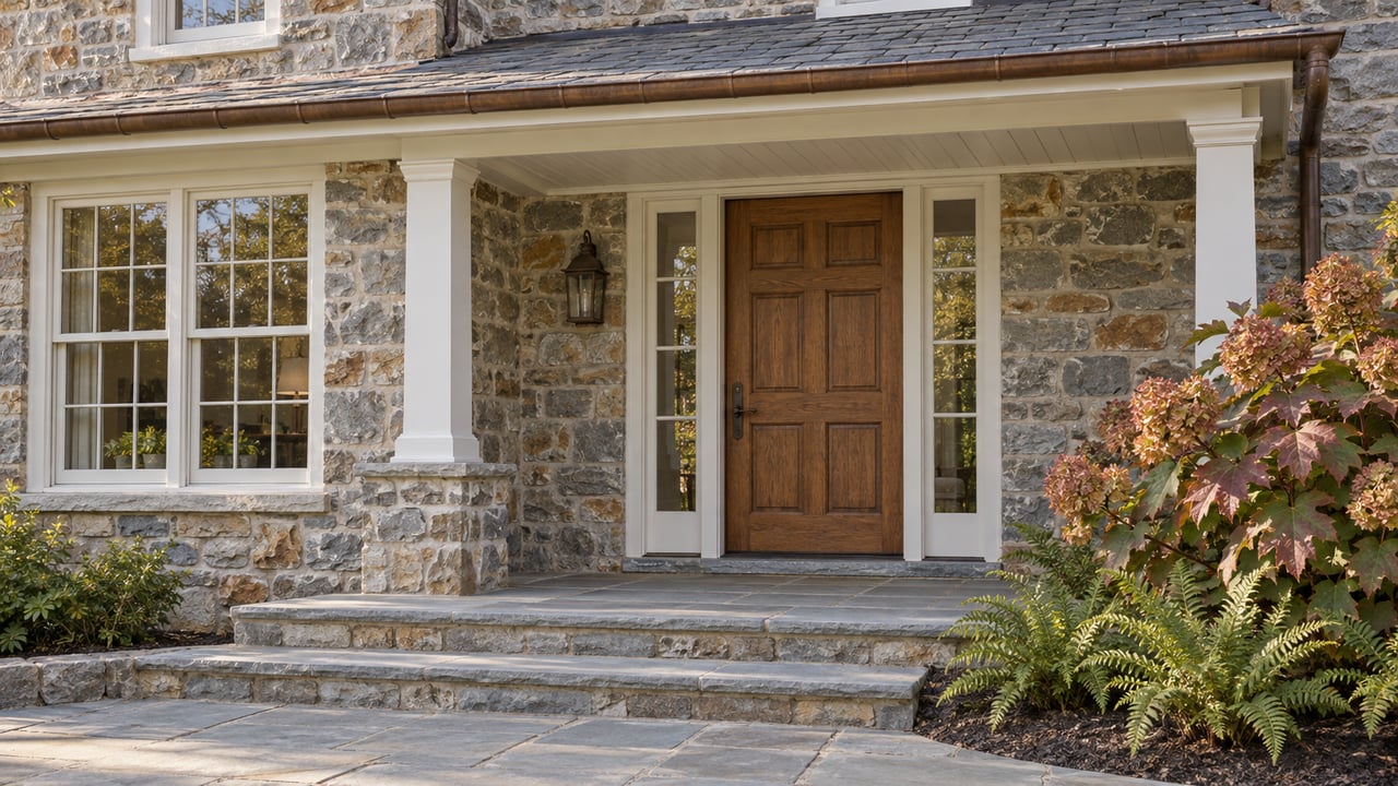 Stone house entrance with an oak door, white porch columns, bluestone steps and autumn oakleaf hydrangea.