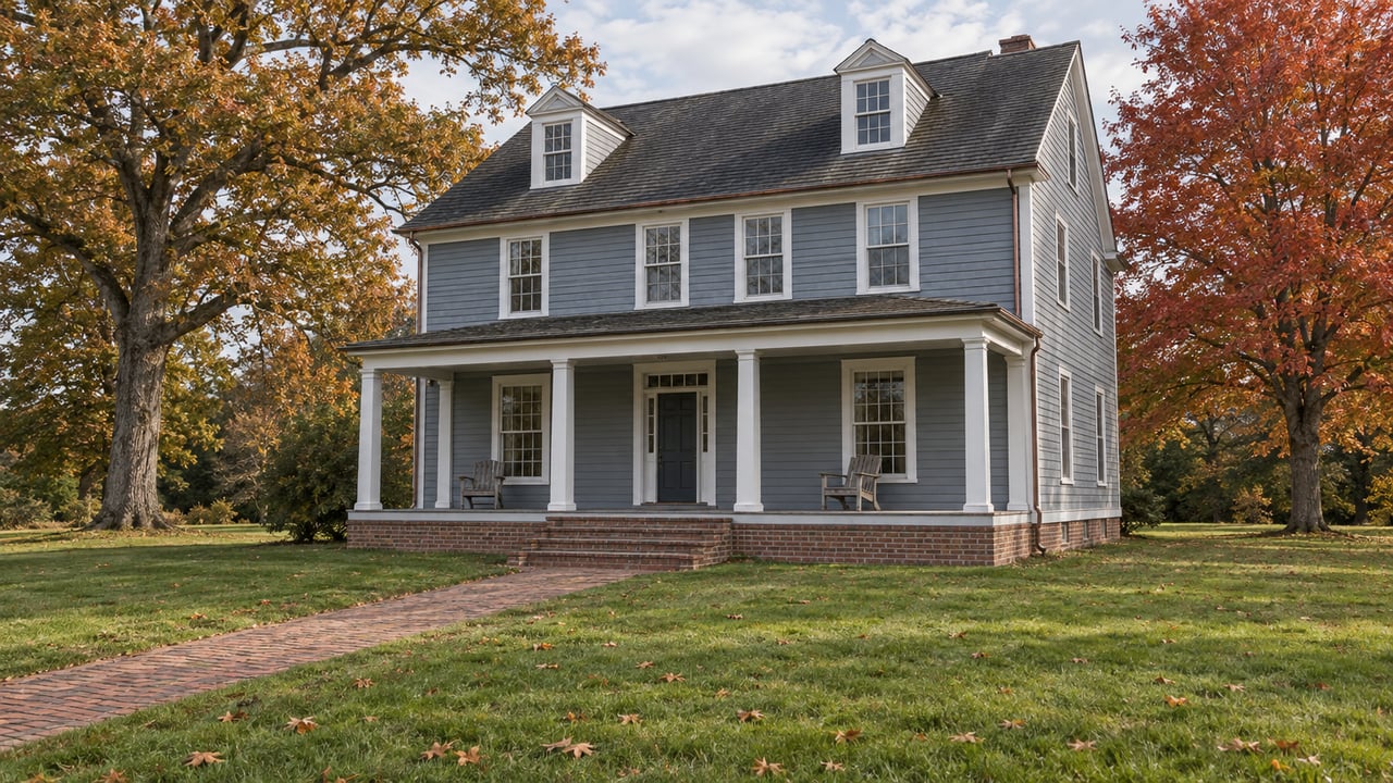 Gray-blue traditional home with a broad porch, deep front lawn, brick walk, and mature trees showing autumn color.