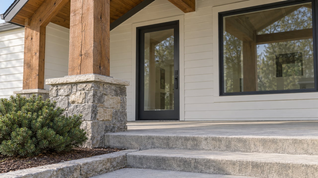 Close view of a timber-supported front porch with stone pedestal, cream lap siding, glazed entry and broad concrete steps.