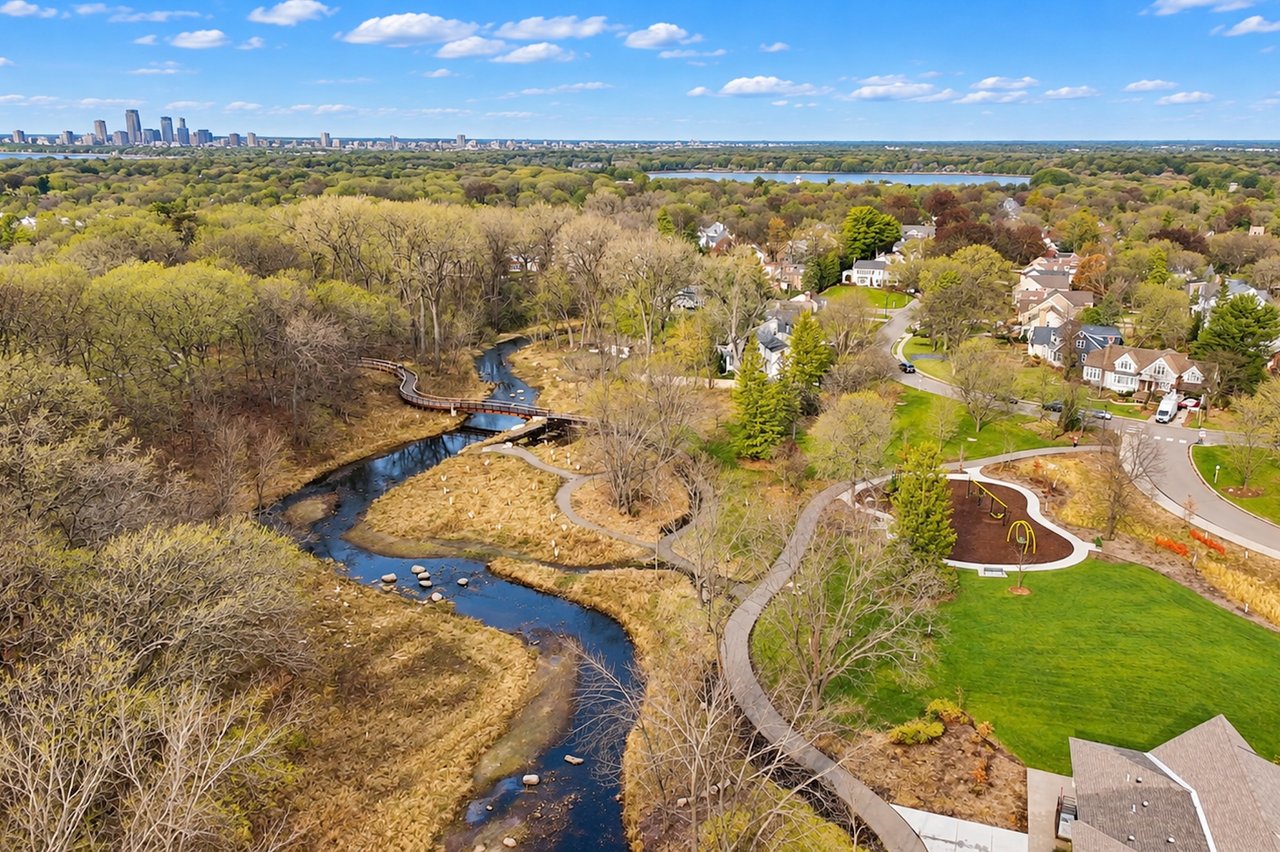 Aerial view of the Arden Park neighborhood in Edina, Minnesota, showing Minnehaha Creek, residential streets, and neighborhood homes.