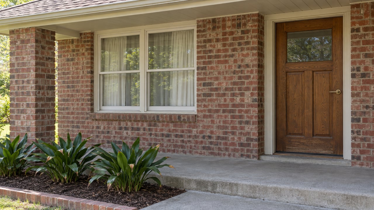 Covered brick entry with a closed oak door, white-framed window and weathered concrete front step.