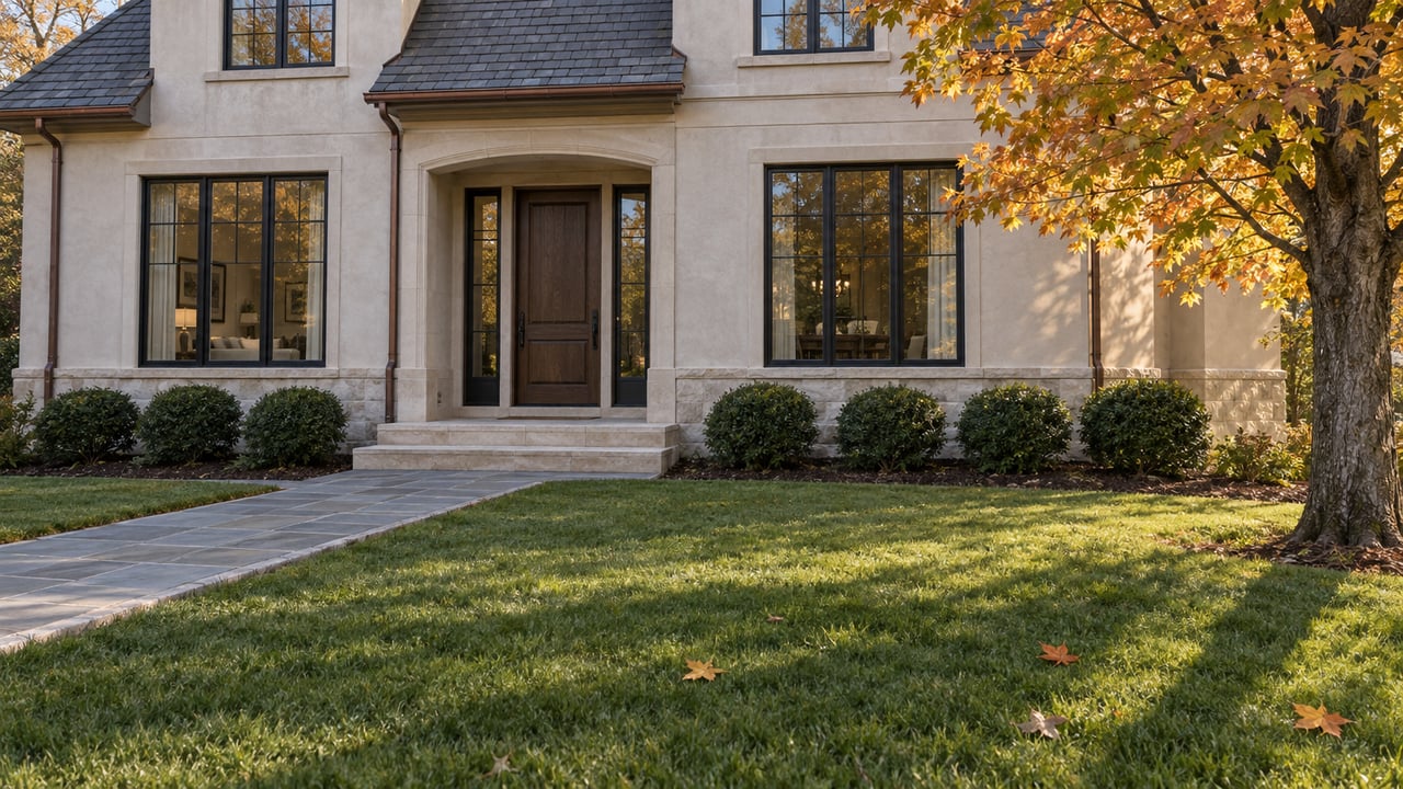 Autumn sunlight across a deep front lawn and bluestone approach to a pale stucco and limestone home with dark-framed windows.