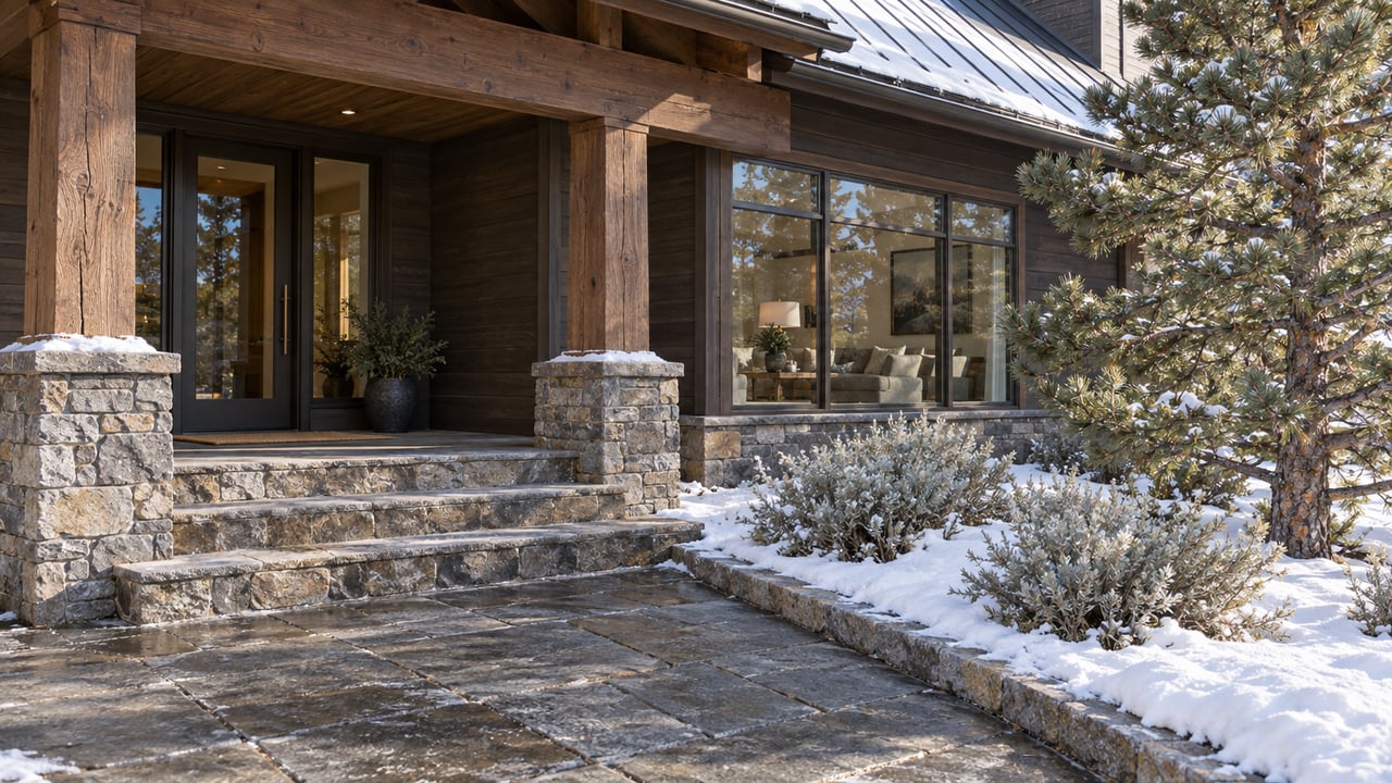 Snow-edged stone approach to a dark timber home with a covered porch, glazed entry and sculptural pine.