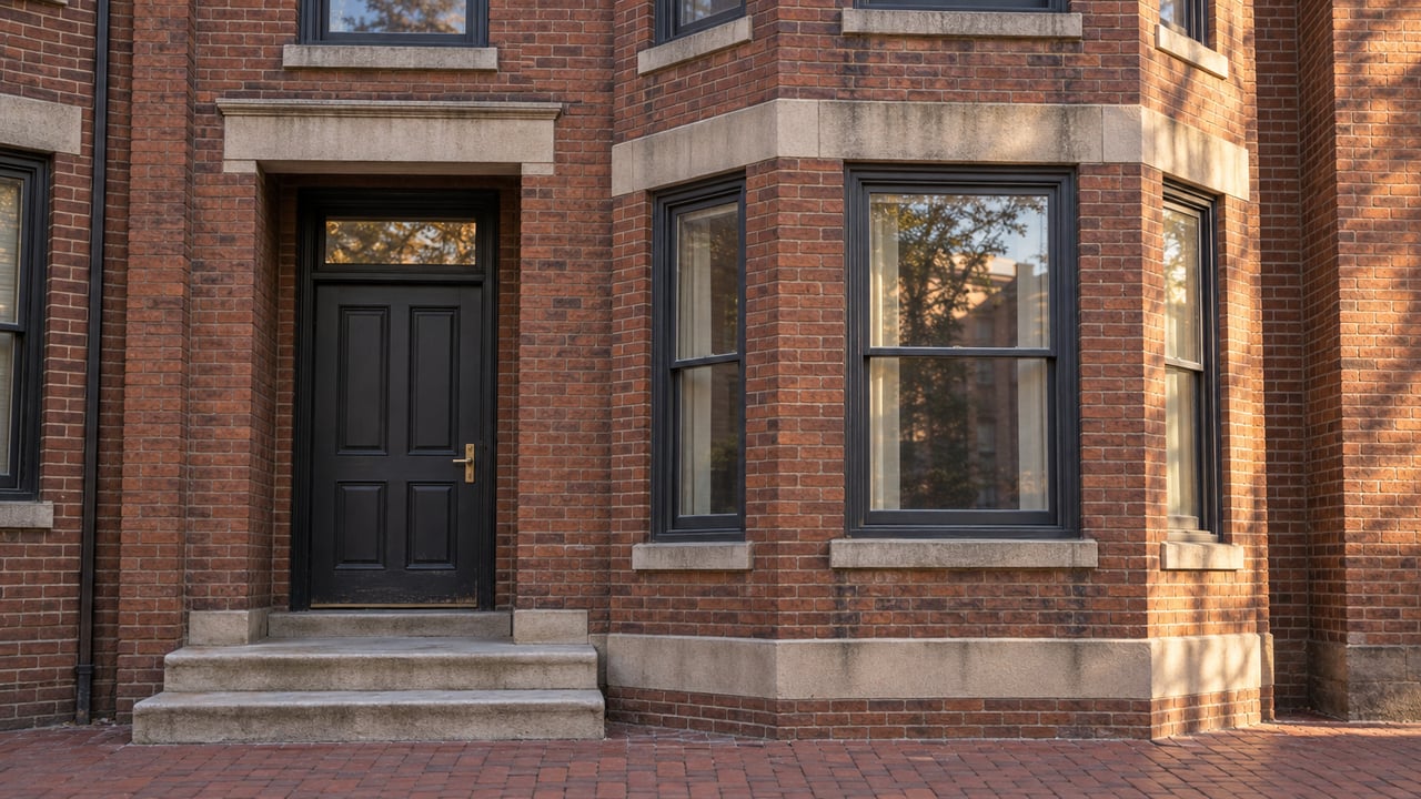 Red-brick apartment facade with charcoal sash windows, a recessed paneled entrance and worn limestone steps in afternoon light.