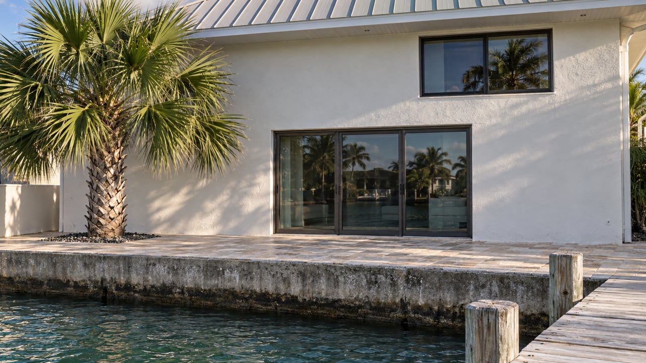 Oyster-white canal house with a glass door, fan palm, limestone terrace, concrete seawall, and rippling teal water.