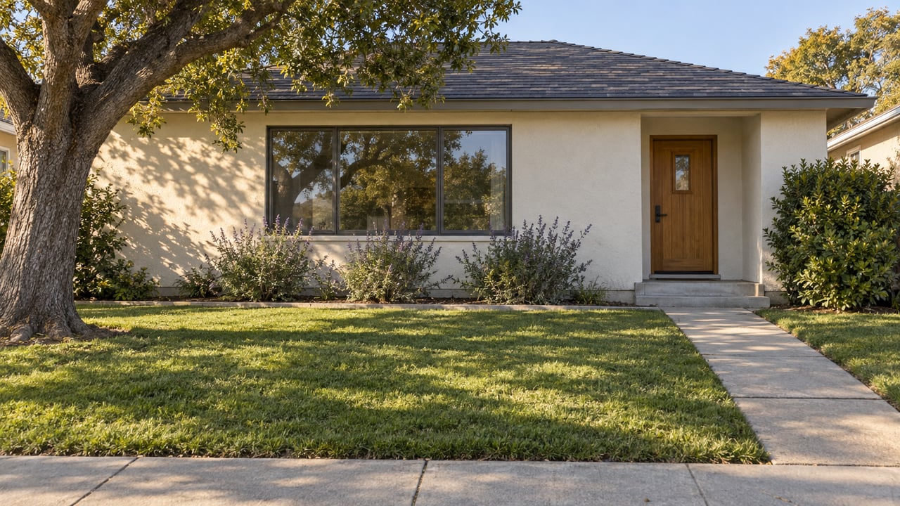 Single-story ivory stucco home with a charcoal gable roof, bronze-framed window, timber front door and an oak shading a deep front lawn.