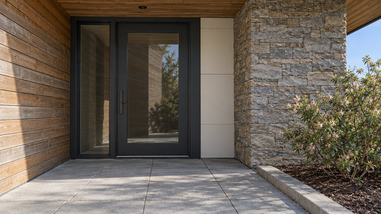 Sheltered contemporary entry with cedar siding, a glazed dark-framed door, stacked stone and a raised planting bed.