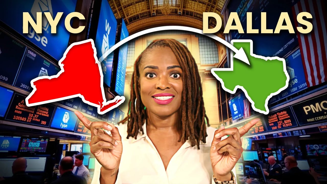 Graphic comparing NYC and Dallas, with a woman pointing to New York and Texas silhouettes.