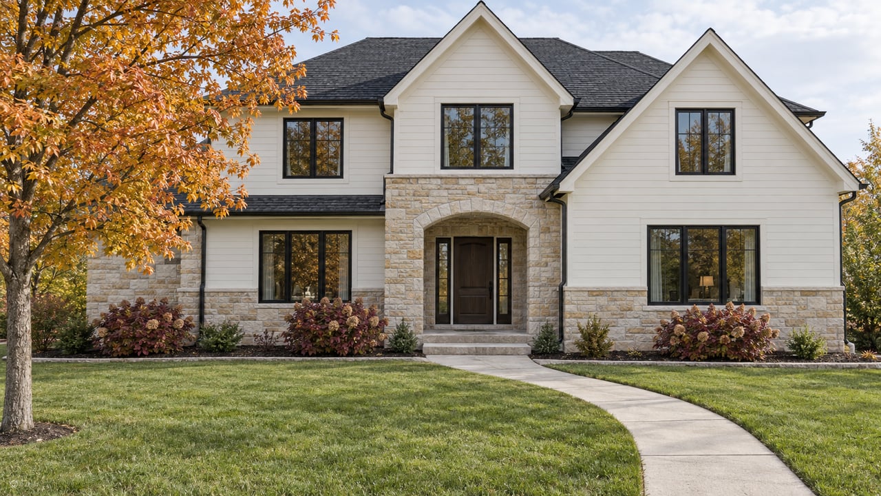 White two-story home with charcoal gables, limestone entry, black-framed windows and a broad autumn lawn.
