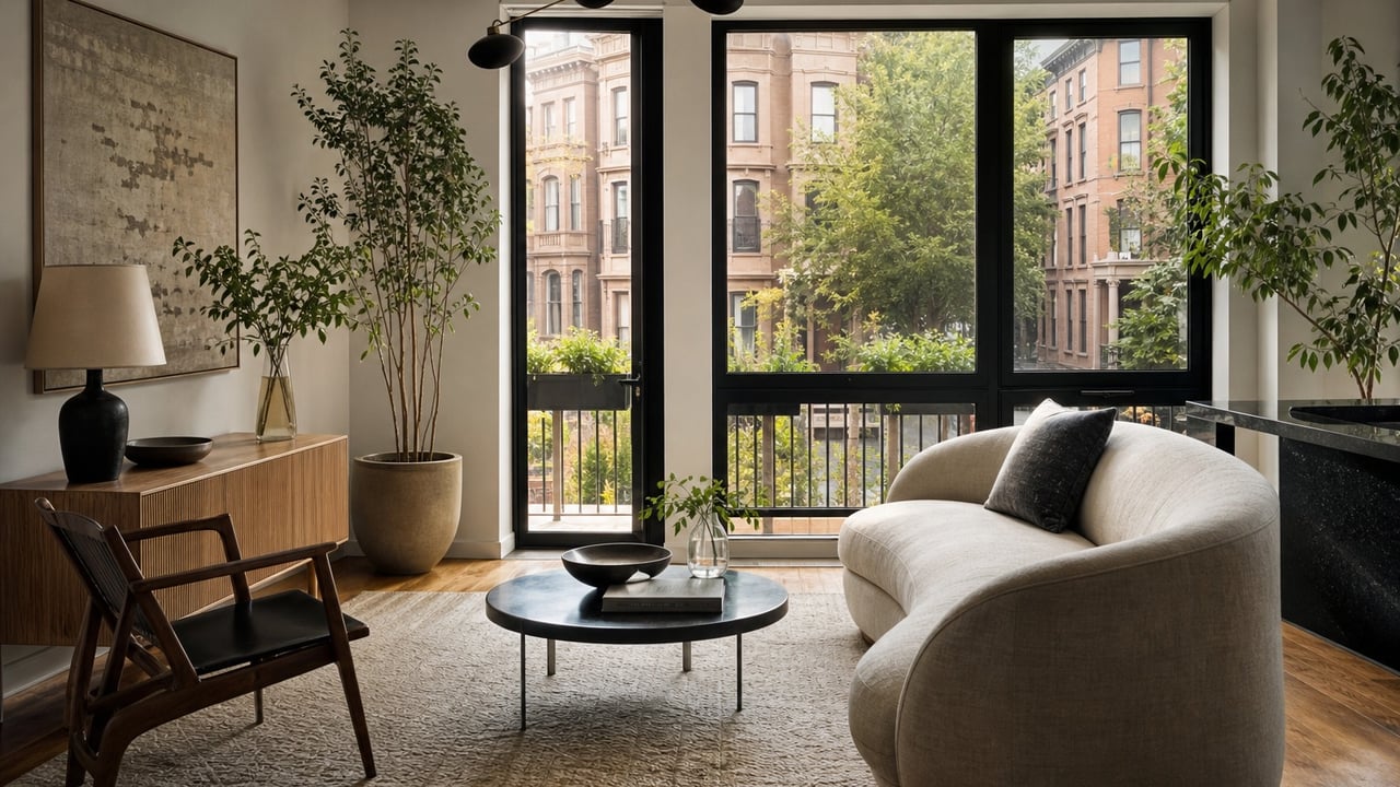 Contemporary living room with a curved sofa and tall windows overlooking leafy streets and brick buildings.